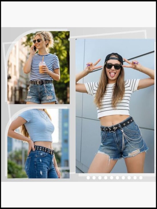 Studded Belt with Chain Star Double Grommet Waist Chains Faux Leather